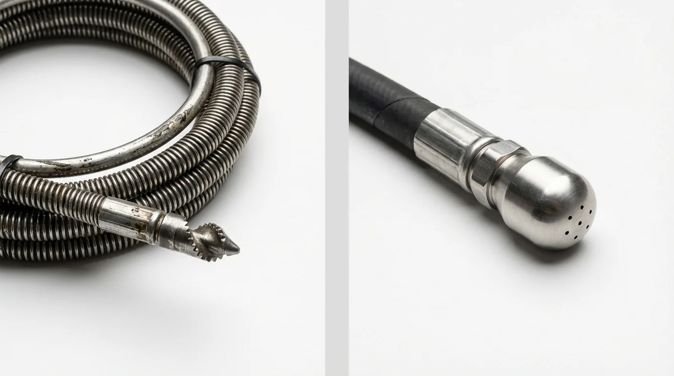 Drain snake cable and hydro jetting nozzle used for drain cleaning in Lewiston, CA